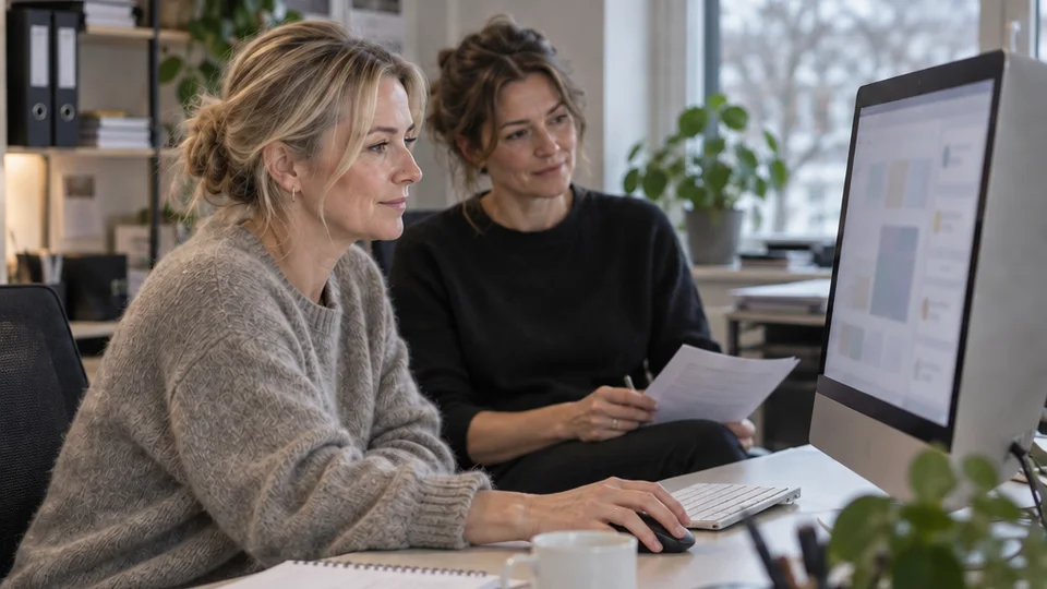 Bedriftseier redigerer innhold på en moderne nettside sammen med en kollega